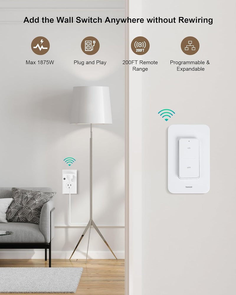 treewell Remote Control Outlet Wireless Wall Switch, 200FT Long Range RF Remote Light Switch, Mini Electrical Outlet Plug, 15A/1875W High-Power for Lamps, Lights, Household Appliances, ETL Listed - Image 2